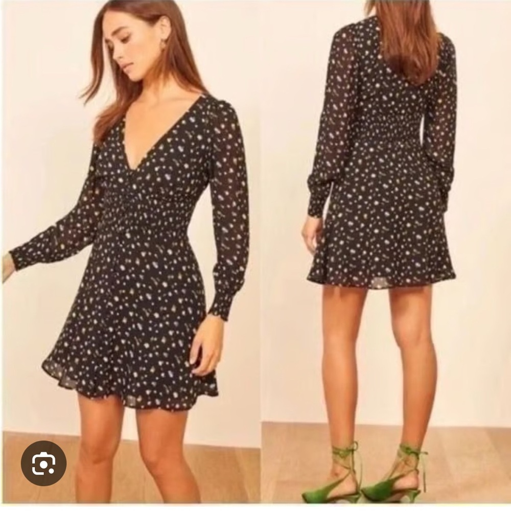 Reformation Alani Black Dress with Yellow and Blue Floral Print. EUC!